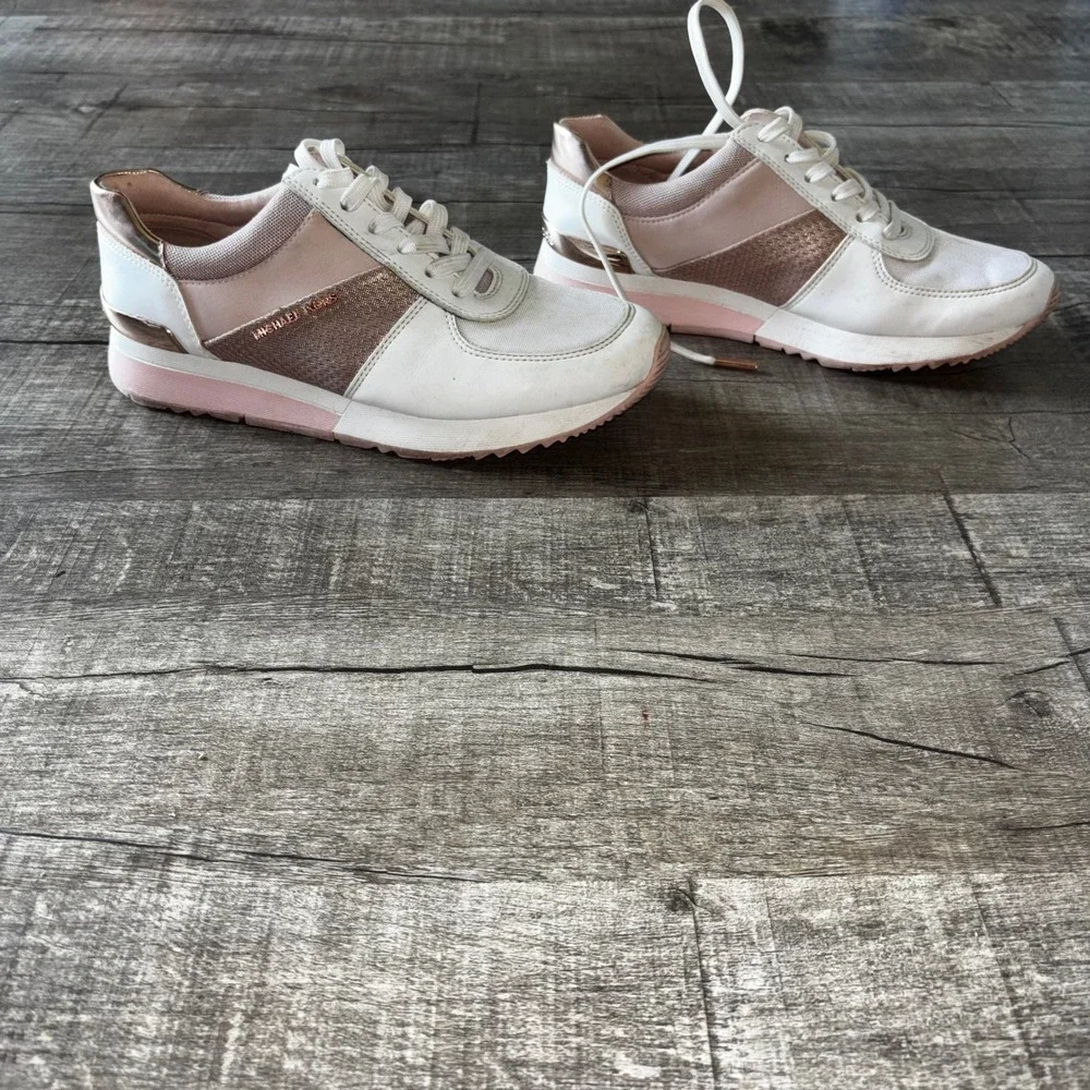 Michael Kors Allie Trainer White Pink Rose Gold Metallic Sneakers Womens 6.5M